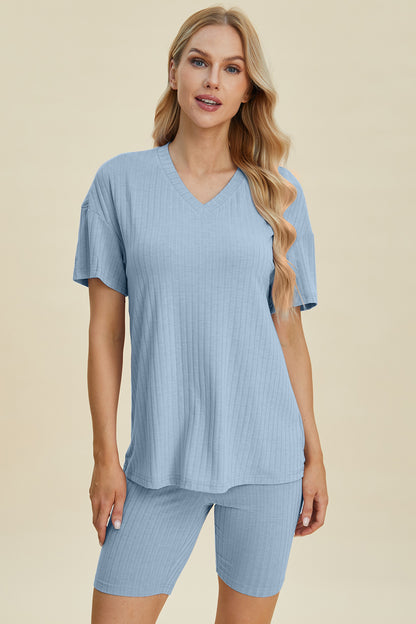 Basic Bae Full Size Ribbed V-Neck Short Sleeve Top and Shorts Set - UrbanEthereal