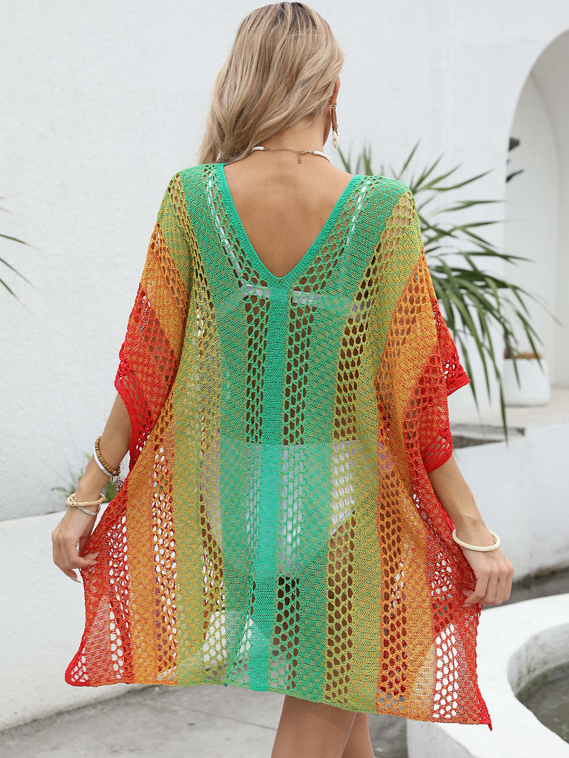 Openwork Contrast V-Neck Cover-Up - UrbanEthereal