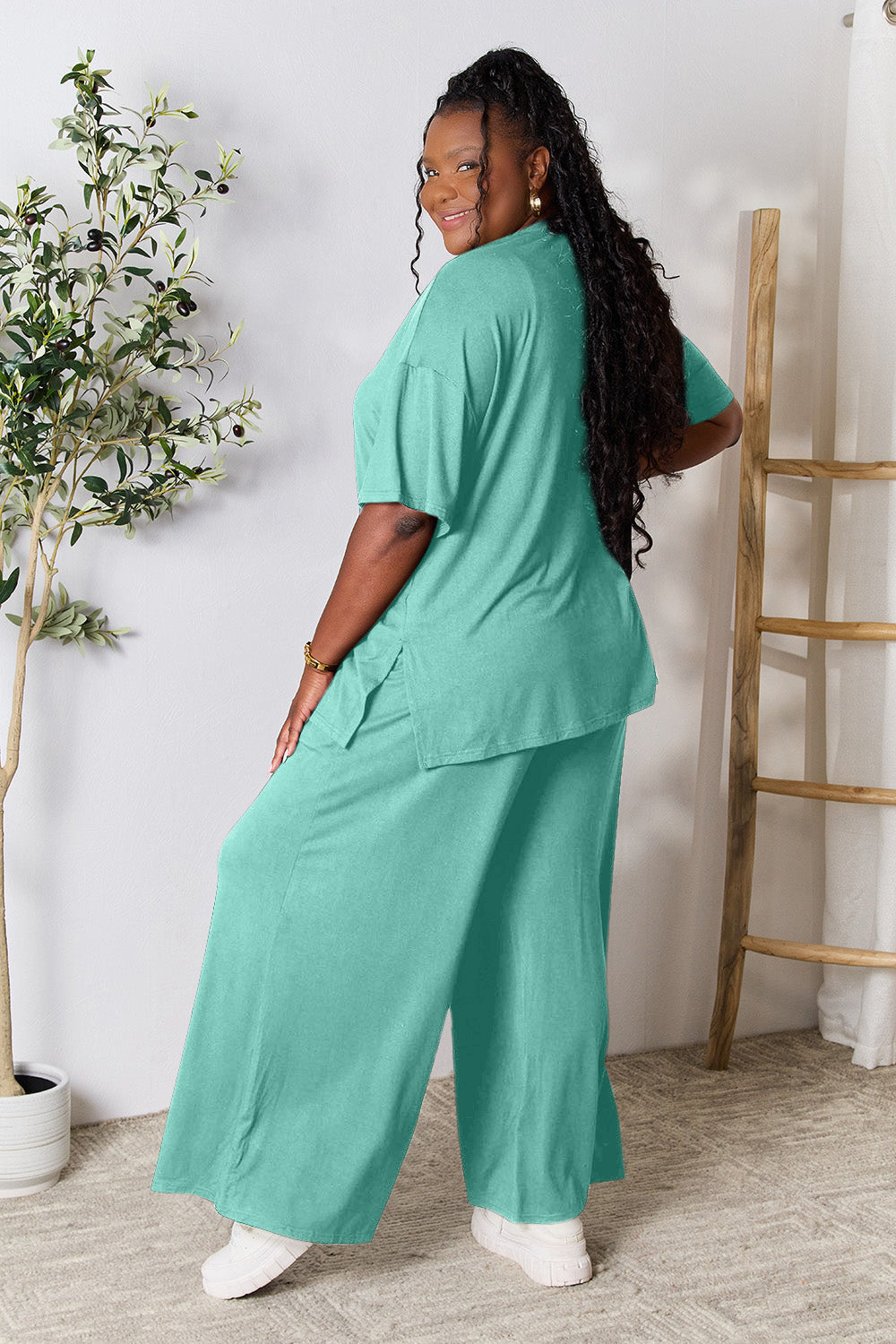 Double Take Full Size Round Neck Slit Top and Pants Set - UrbanEthereal