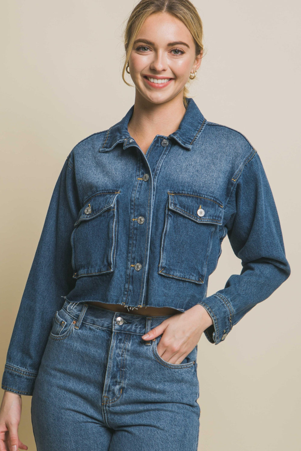 Love Tree Raw Hem Button Up Cropped Denim Jacket - UrbanEthereal