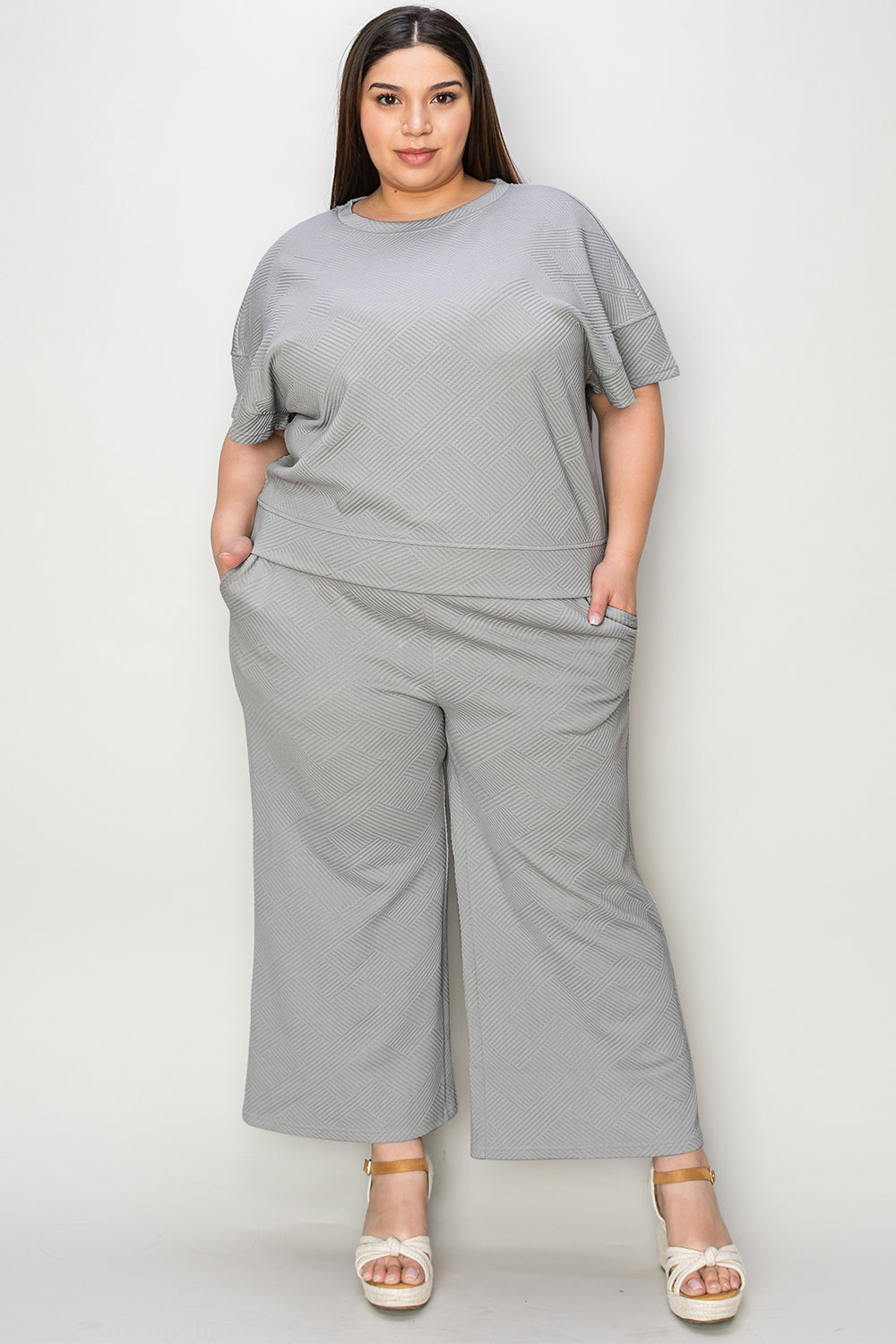 Double Take Full Size Texture Short Sleeve Top and Pants Set - UrbanEthereal