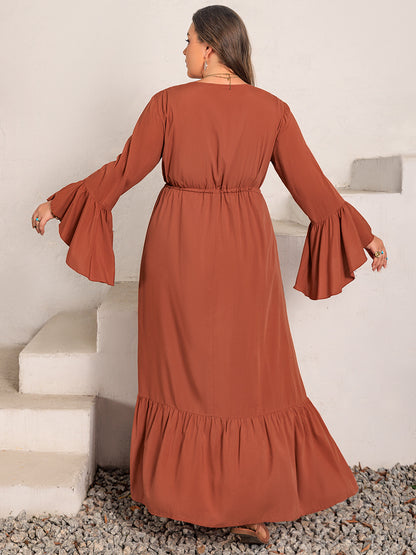 Plus Size V-Neck Flare Sleeve Maxi Dress - UrbanEthereal
