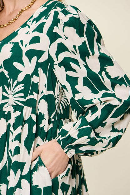 Double Take Full Size Printed Ruffle Hem Dress with Pocket - UrbanEthereal