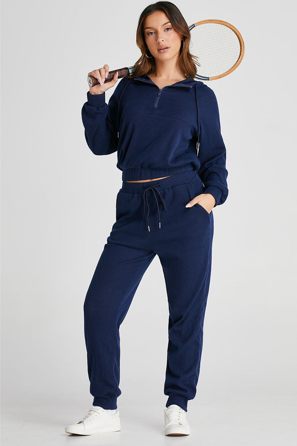Drawstring Half Zip Hoodie and Joggers Active Set - UrbanEthereal
