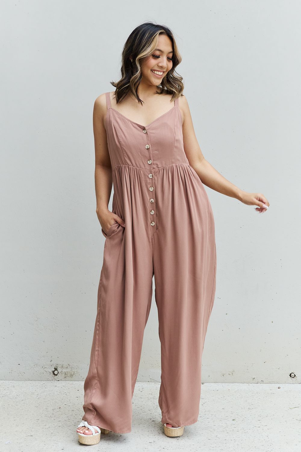 HEYSON All Day Full Size Wide Leg Button Down Jumpsuit in Mocha - UrbanEthereal