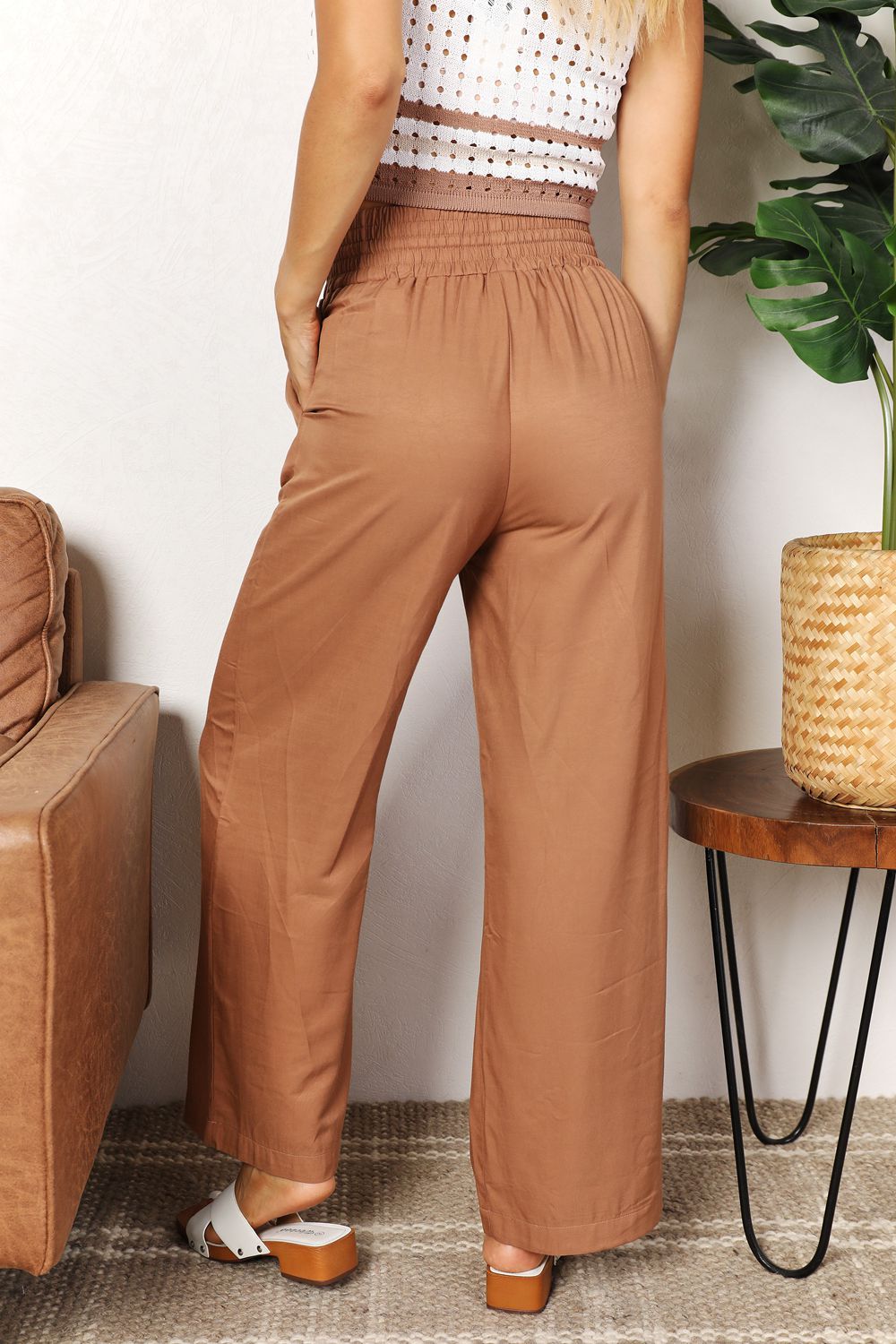 Double Take Drawstring Smocked Waist Wide Leg Pants - UrbanEthereal