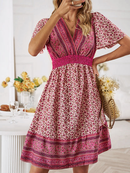 Floral Smocked Waist Short Sleeve Mini Dress - UrbanEthereal