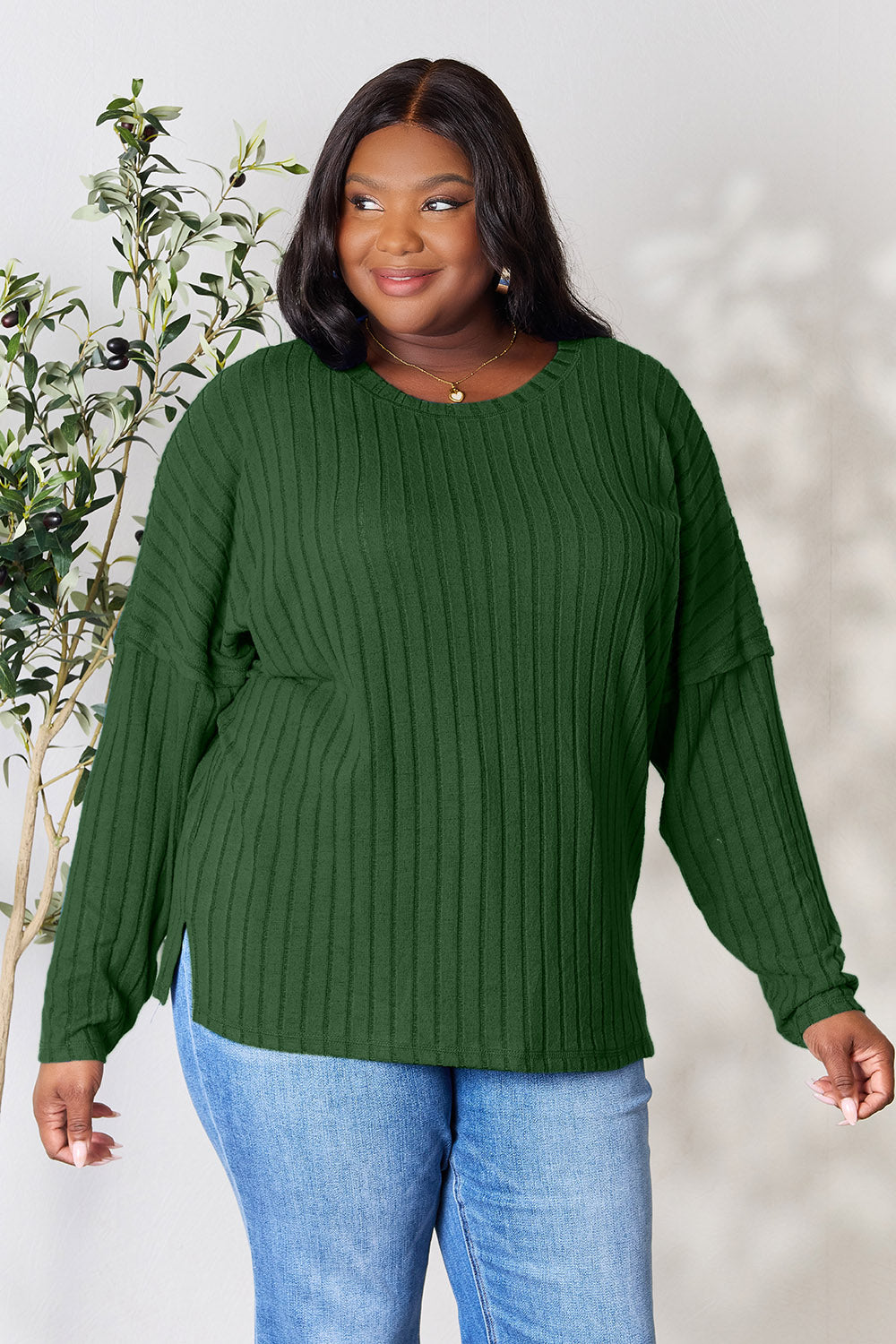 Basic Bae Full Size Ribbed Round Neck Slit Knit Top - UrbanEthereal