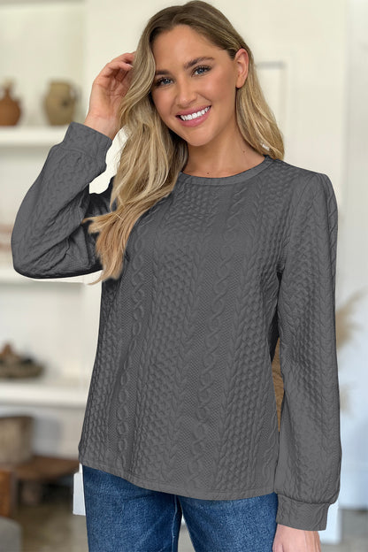 FAM-FAM Textured Round Neck Long Sleeve Sweatshirt