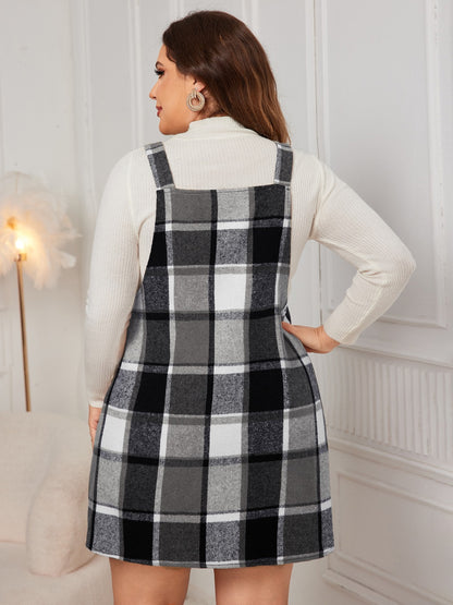 Plus Size Plaid Wide Strap Overall Dress - UrbanEthereal
