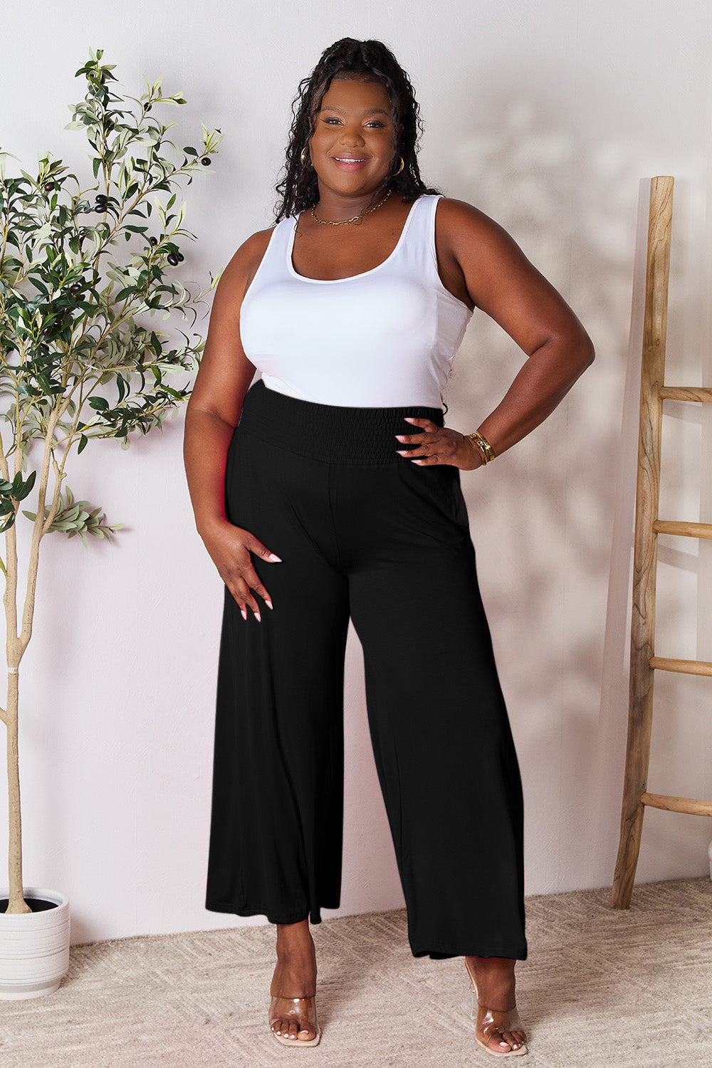 Double Take Full Size Smocked Wide Waistband Wide Leg Pants - UrbanEthereal