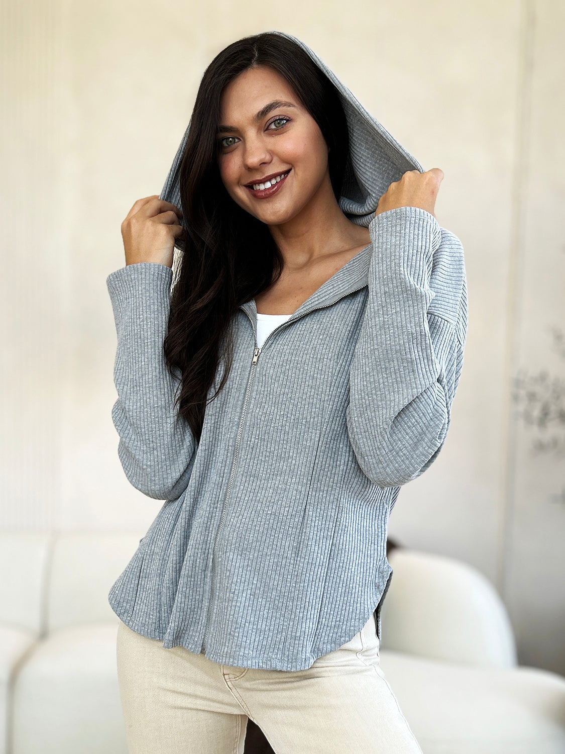 Culture Code Full Size Ribbed Zip Up Drawstring Hooded Jacket - UrbanEthereal