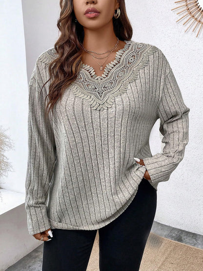 Plus Size Lace Detail Long Sleeve T-Shirt - UrbanEthereal