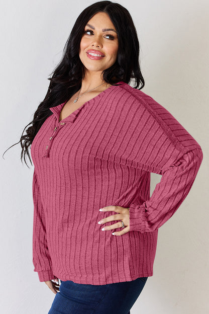 Basic Bae Full Size Ribbed Half Button Long Sleeve T-Shirt - UrbanEthereal