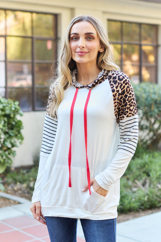 Celeste Design Full Size Leopard Contrast Drawstring Hoodie - UrbanEthereal