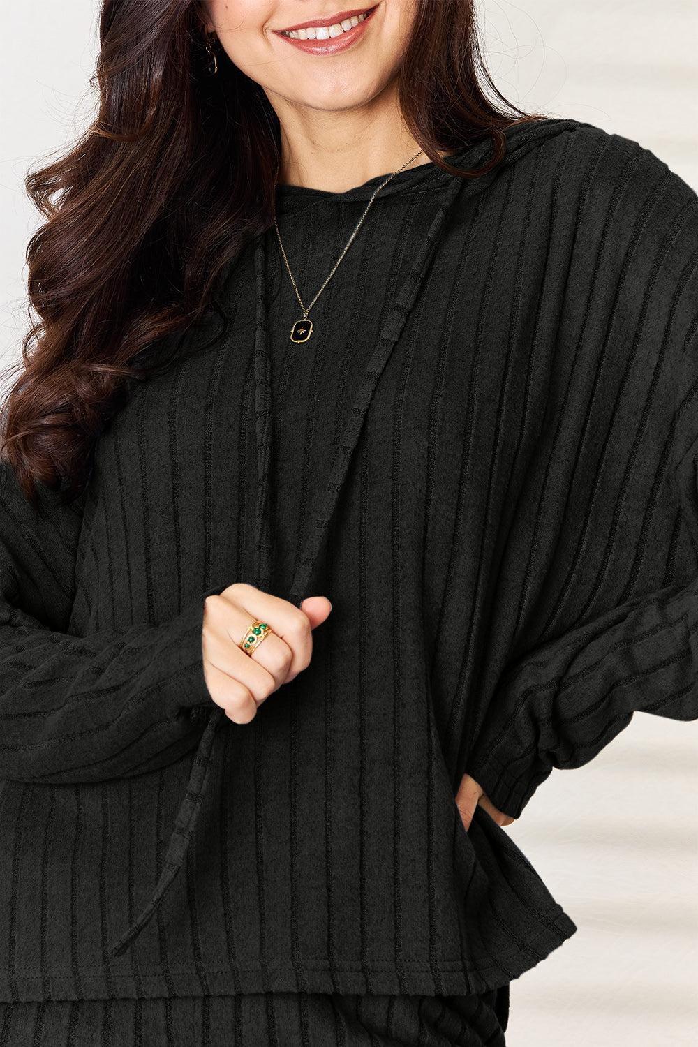 Basic Bae Full Size Ribbed Drawstring Hooded Top and Straight Pants Set - UrbanEthereal