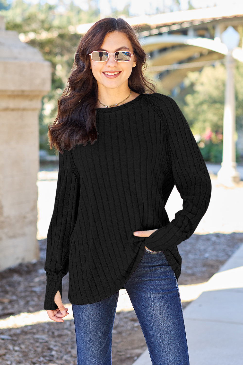 Basic Bae Full Size Ribbed Round Neck Long Sleeve Knit Top - UrbanEthereal