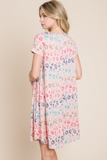 BOMBOM Leopard Round Neck Short Sleeve Dress - UrbanEthereal