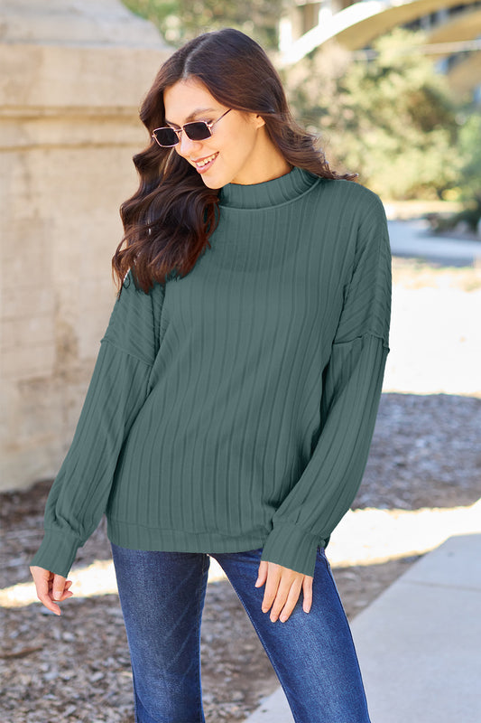 Basic Bae Full Size Ribbed Exposed Seam Mock Neck Knit Top - UrbanEthereal