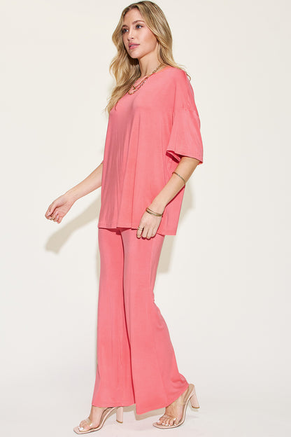 Basic Bae Full Size Bamboo Drop Shoulder T-Shirt and Flare Pants Set - UrbanEthereal