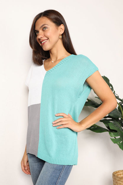 Color Block V-Neck Knit Top - UrbanEthereal