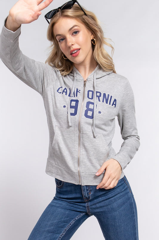ACTIVE BASIC CALIFORNIA Zip Up Drawstring Long Sleeve Hoodie - UrbanEthereal