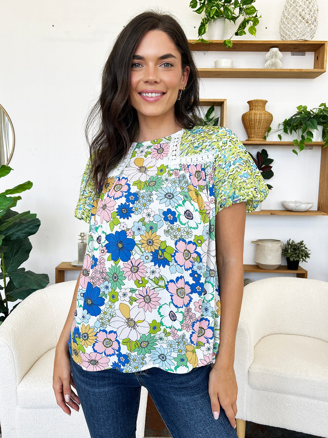 Printed Round Neck Puff Sleeve Blouse - UrbanEthereal