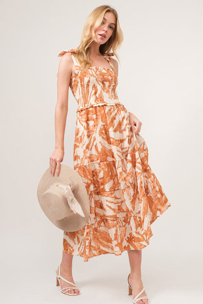 And The Why Tie Shoulder Smocked Midi Tiered Dress - UrbanEthereal