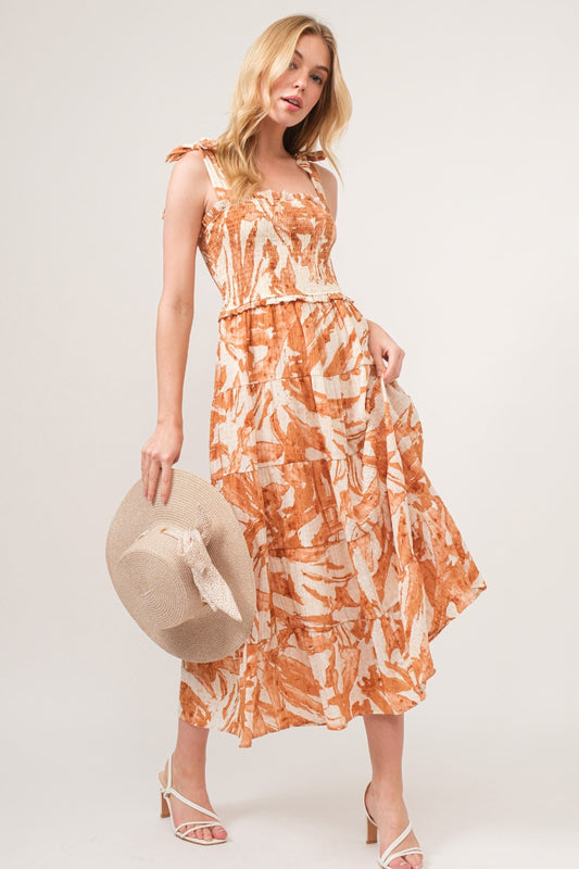 And The Why Tie Shoulder Smocked Midi Tiered Dress - UrbanEthereal