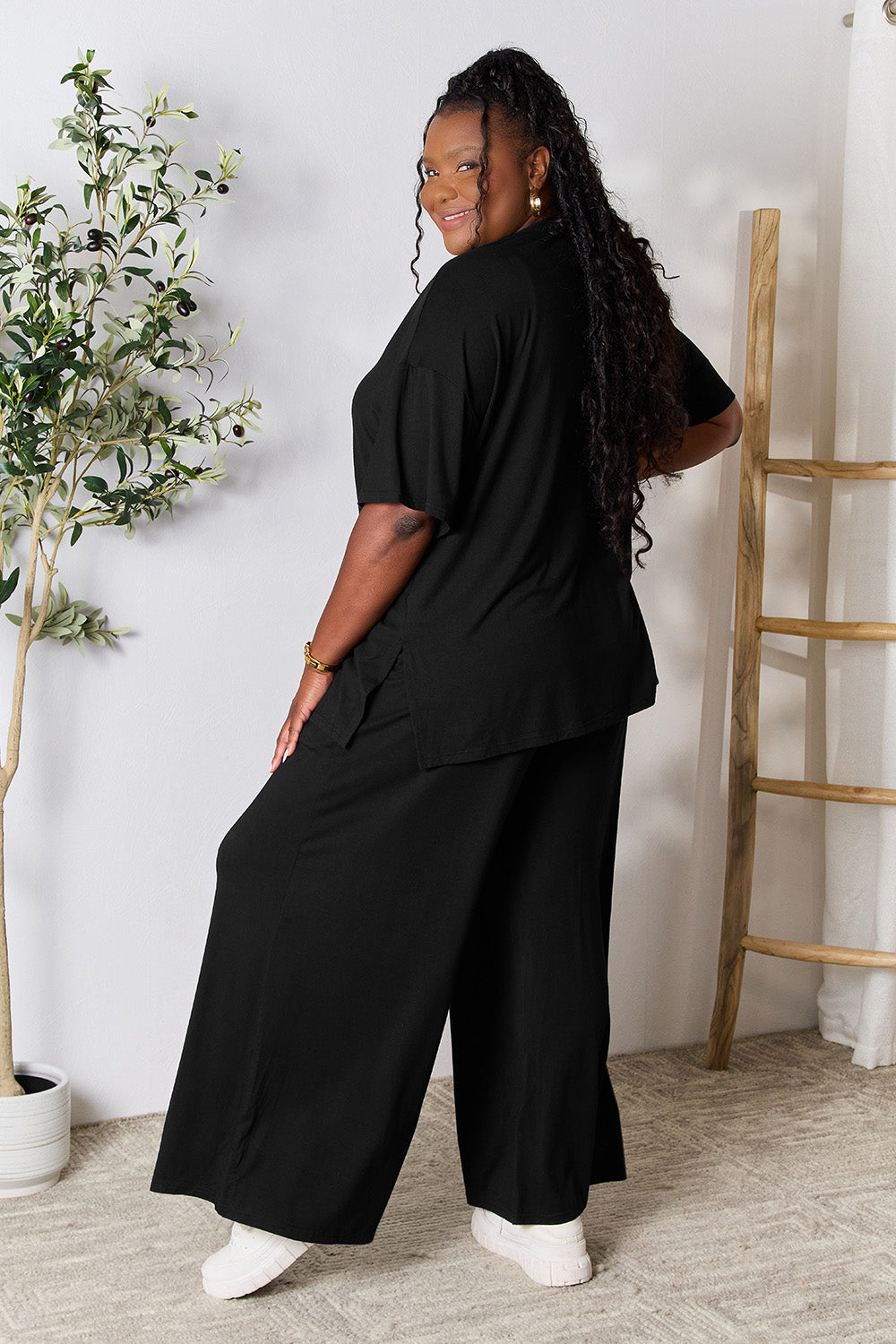 Double Take Full Size Round Neck Slit Top and Pants Set - UrbanEthereal