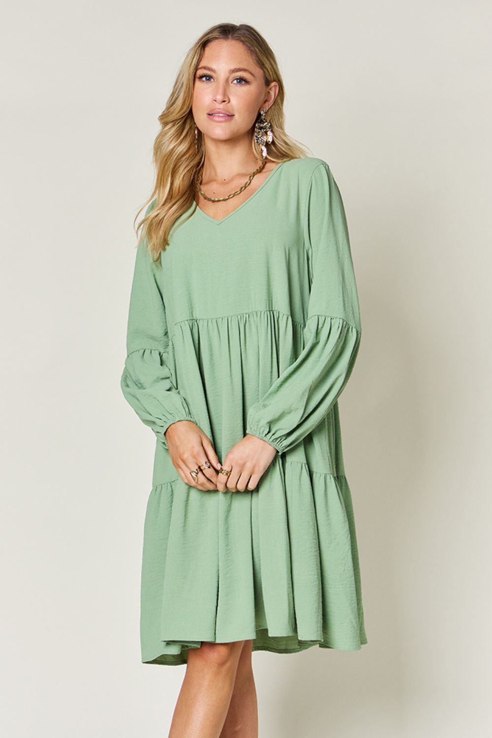 Double Take Full Size V-Neck Balloon Sleeve Tiered Dress with Pockets