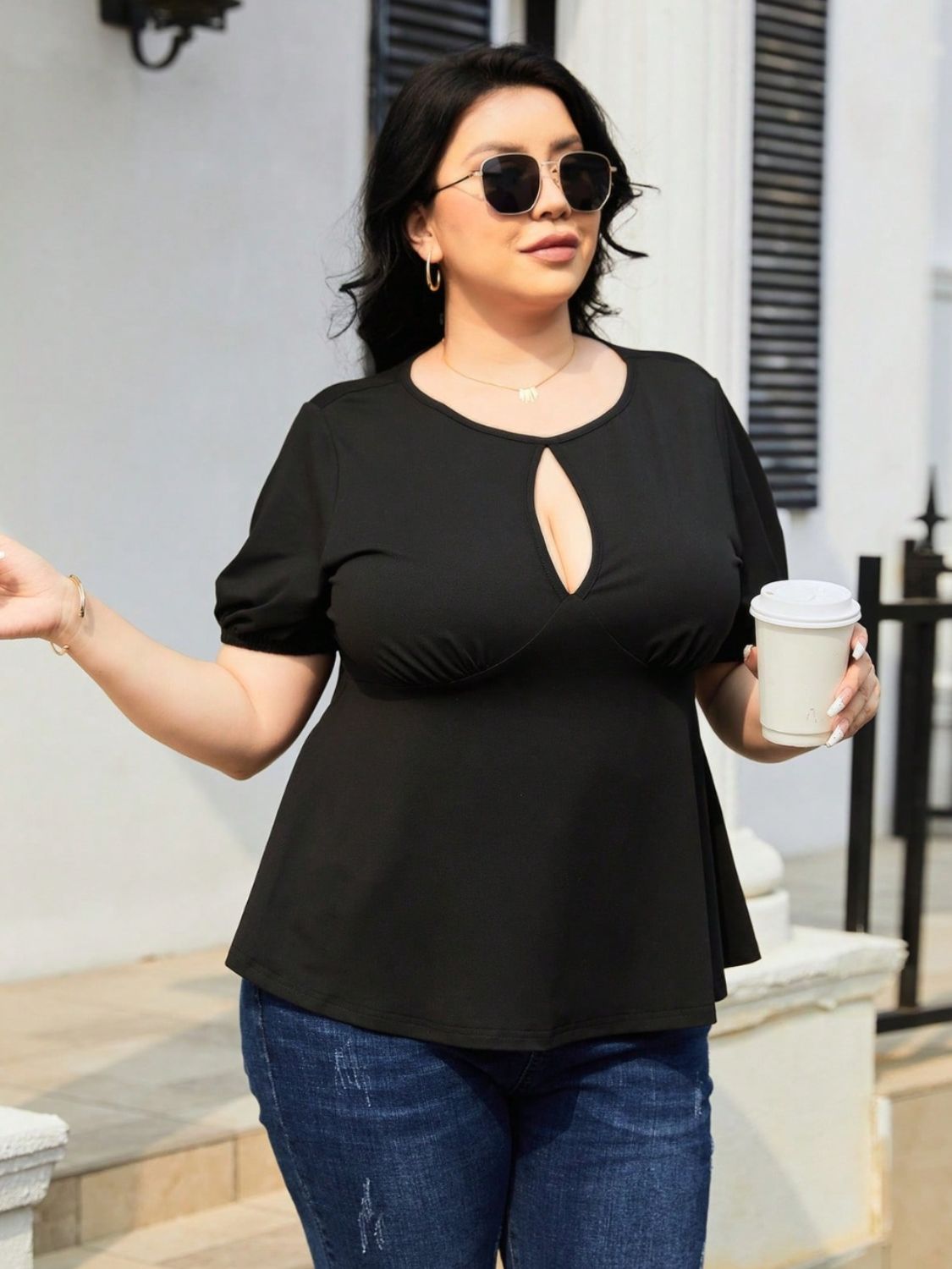 Plus Size Cutout Short Sleeve Blouse - UrbanEthereal