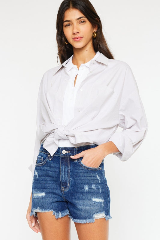 Kancan High Rise Frayed Hem Denim Shorts - UrbanEthereal