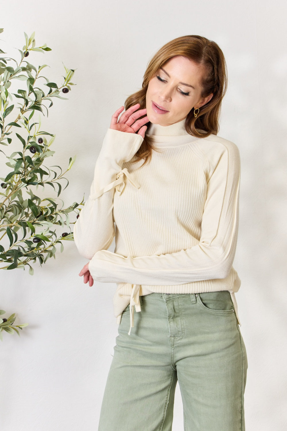 Heimish Full Size Ribbed Bow Detail Long Sleeve Turtleneck Knit Top - UrbanEthereal