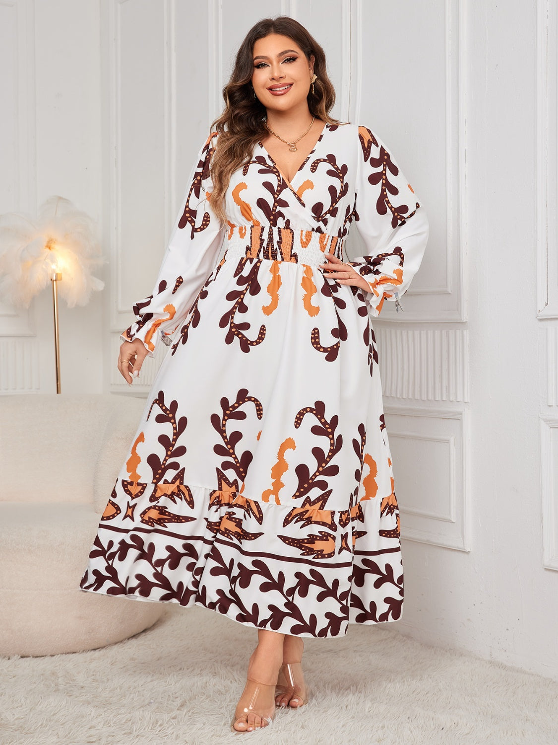 Plus Size Printed Surplice Flounce Sleeve Dress - UrbanEthereal