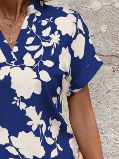 Flower Notched Short Sleeve Blouse - UrbanEthereal