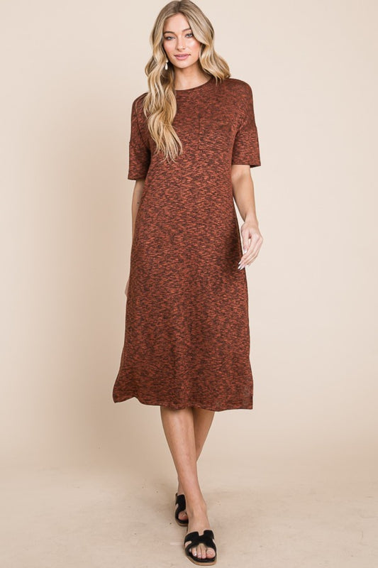 BOMBOM Round Neck Side Slit Midi Dress - UrbanEthereal