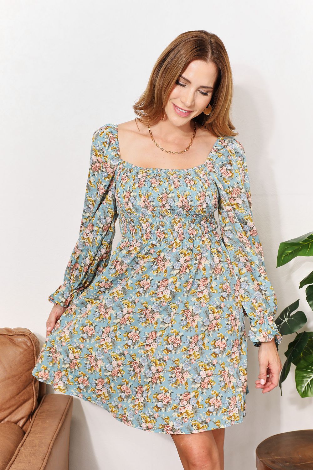 Floral Smocked Flounce Sleeve Square Neck Dress - UrbanEthereal