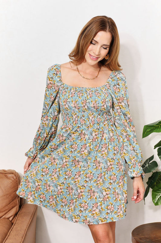 Floral Smocked Flounce Sleeve Square Neck Dress - UrbanEthereal