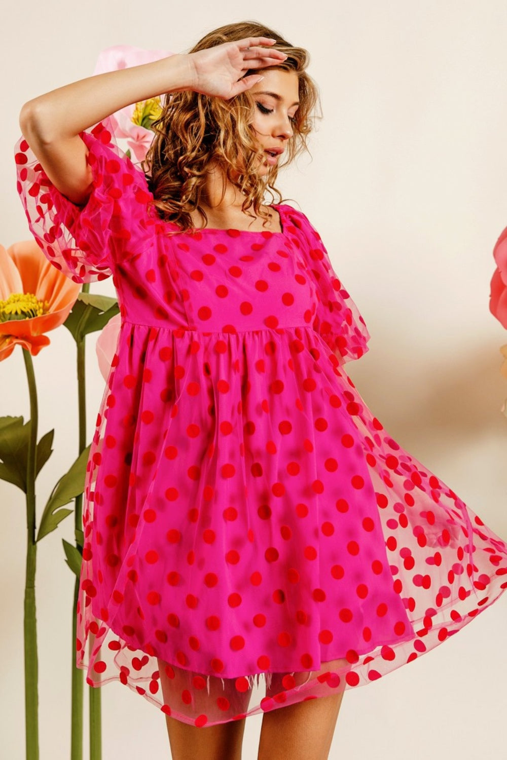 BiBi Polka Dot Mesh Puff Sleeve Dress - UrbanEthereal