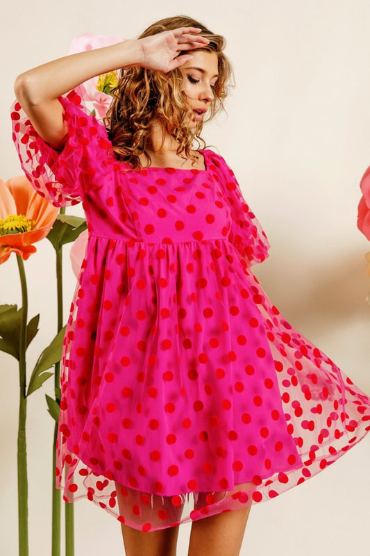 BiBi Polka Dot Mesh Puff Sleeve Dress - UrbanEthereal
