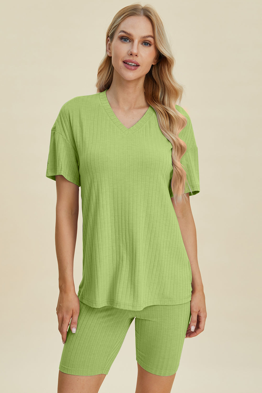 Basic Bae Full Size Ribbed V-Neck Short Sleeve Top and Shorts Set - UrbanEthereal