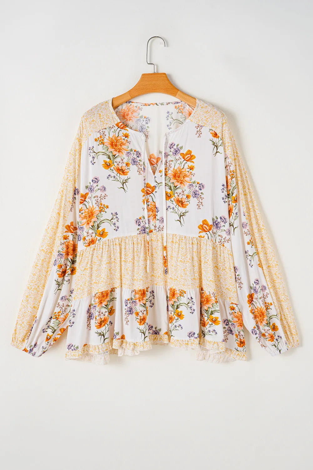 Plus Size Printed Tie Neck Long Sleeve Blouse - UrbanEthereal