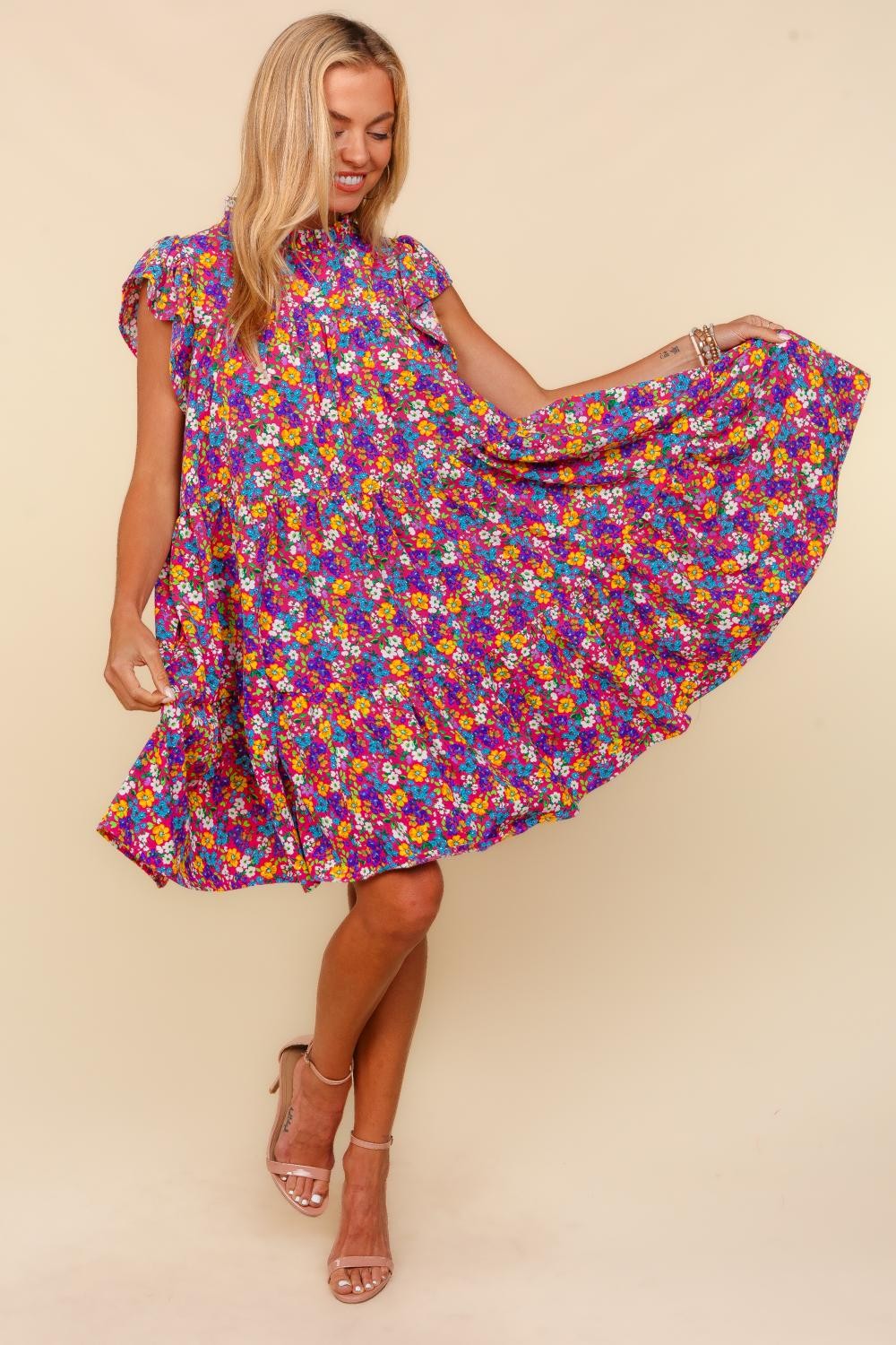 Haptics Frilled Mock Neck Ditsy Floral Dress - UrbanEthereal