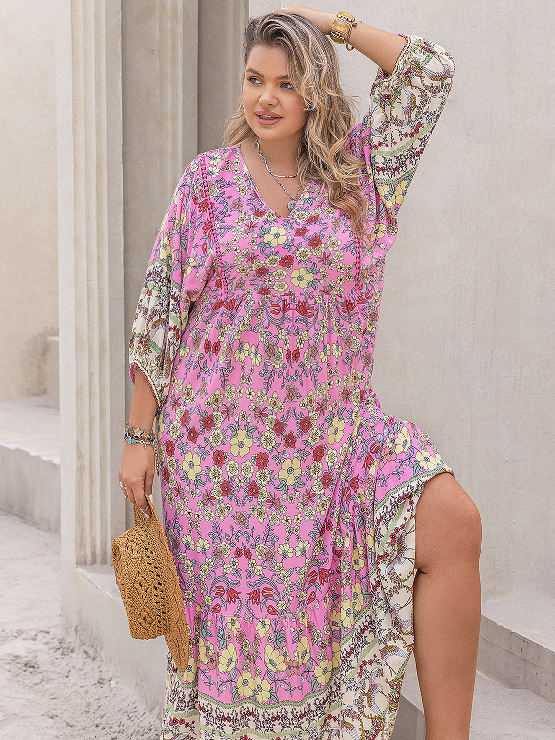 Plus Size Floral V-Neck Balloon Sleeve Midi Dress