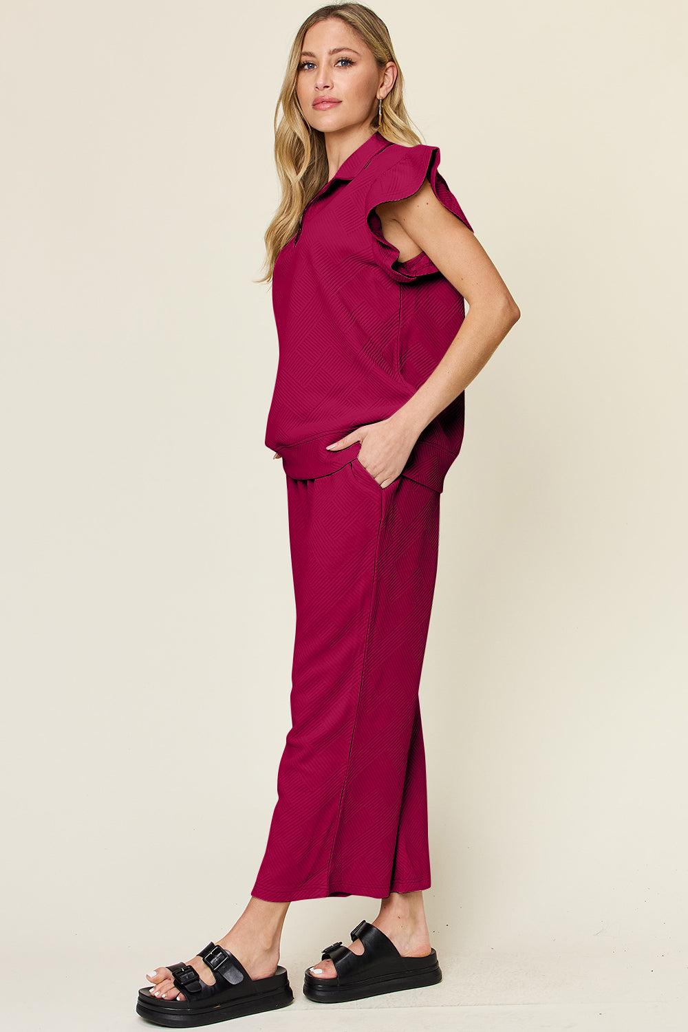 Double Take Texture Ruffle Short Sleeve Top and Drawstring Wide Leg Pants Set - UrbanEthereal