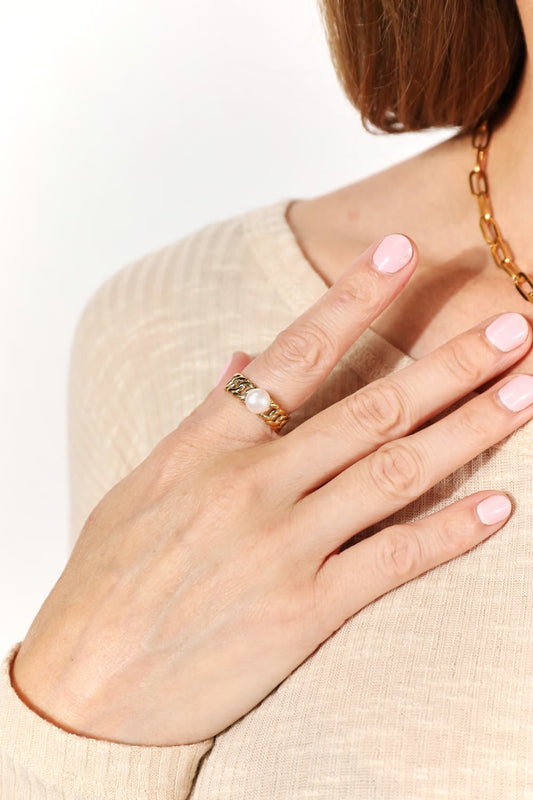 Adored Pearl Stainless Steel Open Ring - UrbanEthereal