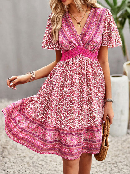 Floral Smocked Waist Short Sleeve Mini Dress - UrbanEthereal