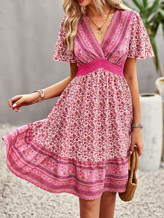 Floral Smocked Waist Short Sleeve Mini Dress - UrbanEthereal
