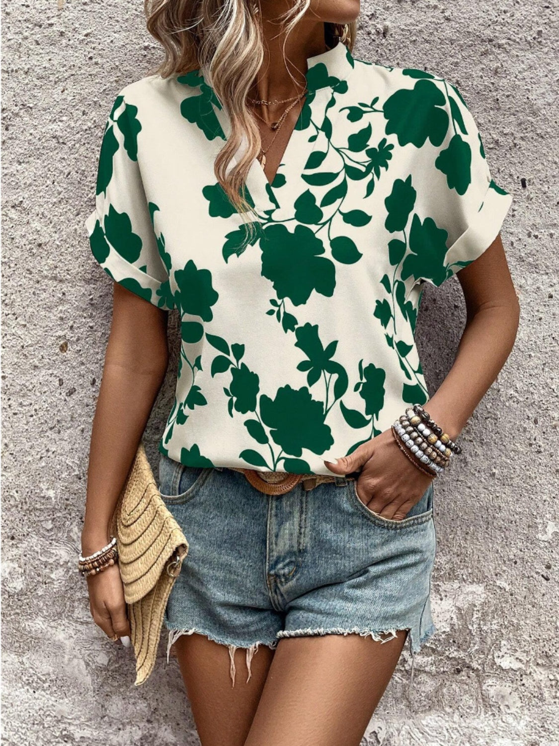 Flower Notched Short Sleeve Blouse - UrbanEthereal